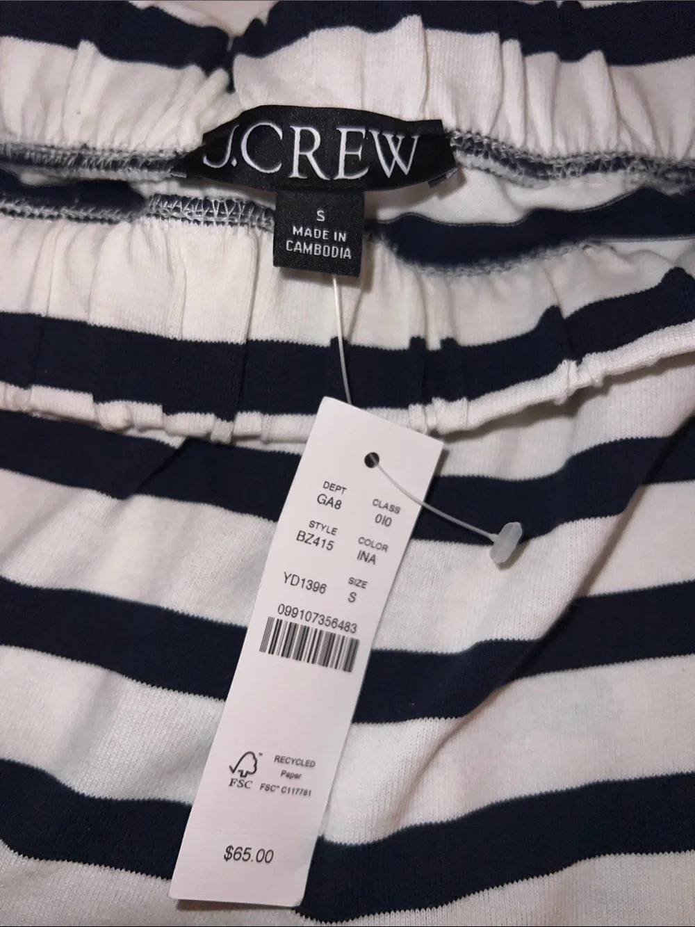 J Crew navy and white striped thick jersey shorts.